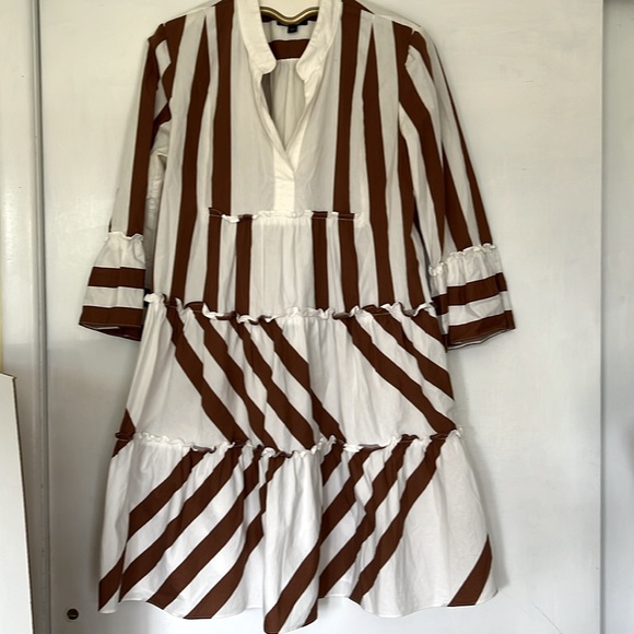 Brown & White Stripe Tiered Pullover Dress Sz L - Picture 1 of 6